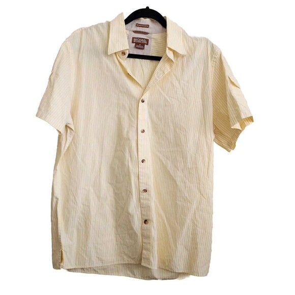 Michael Kors Men’s Button Down Shirt  M Yellow Striped Short Sleeve Cargo Pocket - Picture 1 of 12
